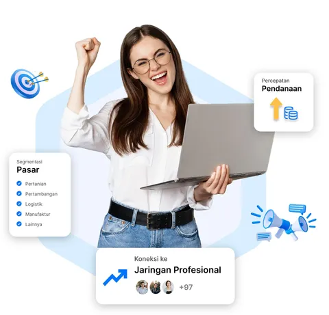 Calon pengusaha bersorak sambil membawa laptop, dengan kartu segmentasi pasar, percepatan pendanaan, dan koneksi ke jaringan profesional